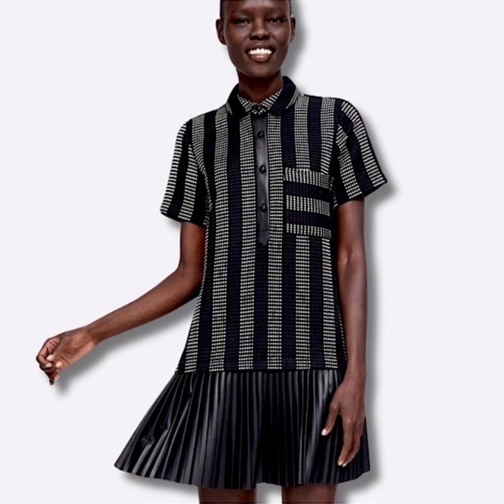 Zara Textured Knit Polo Pleated Mini Dress Size M
